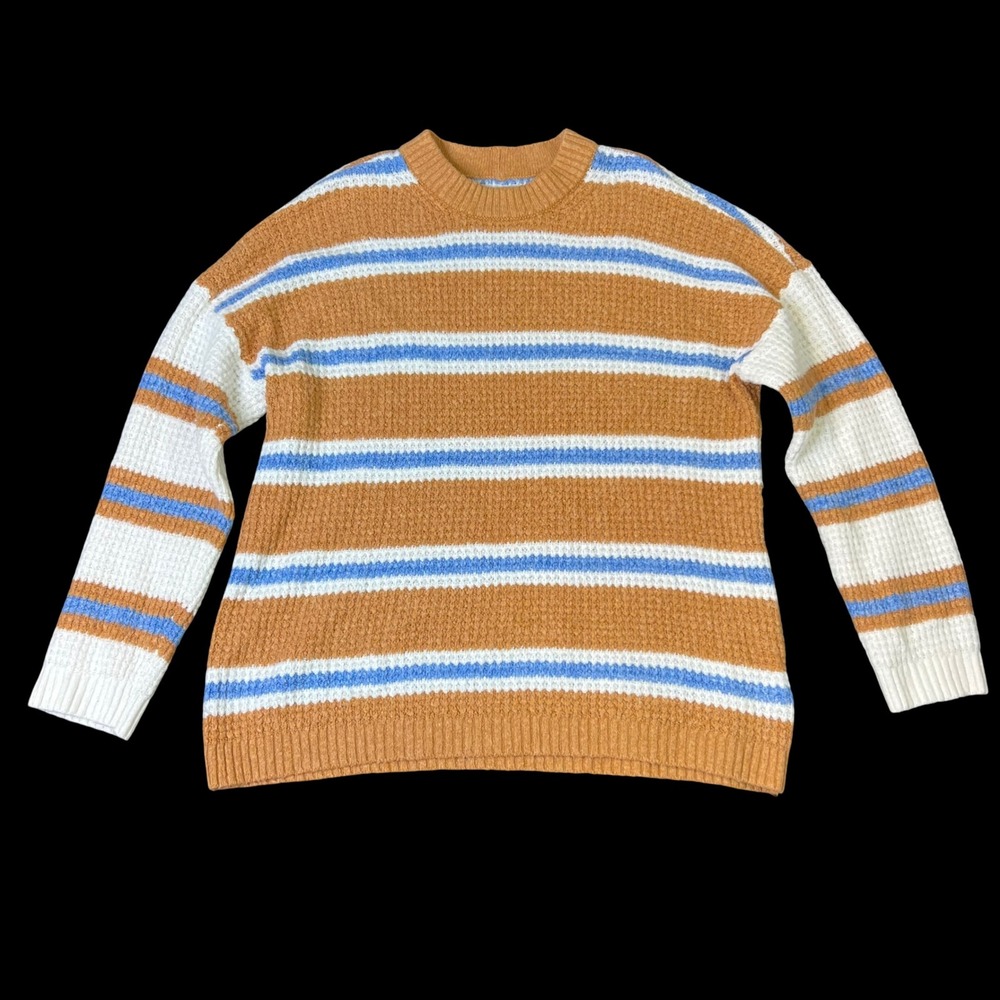 American Eagle AE Oversized Waffle Crew Pullover Women Small Mustard Blue Stripe